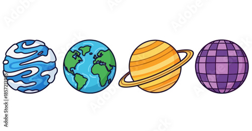A row of cartoon planets with Earth and Saturn
