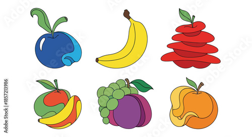Abstract and colorful fruits in a fun, stylized design.