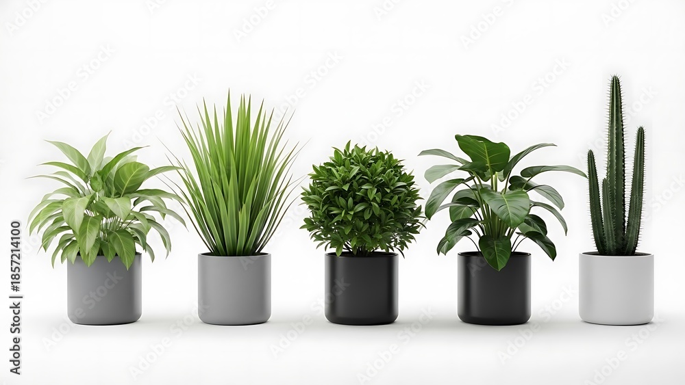 Obraz premium Five Potted Plants on White Background