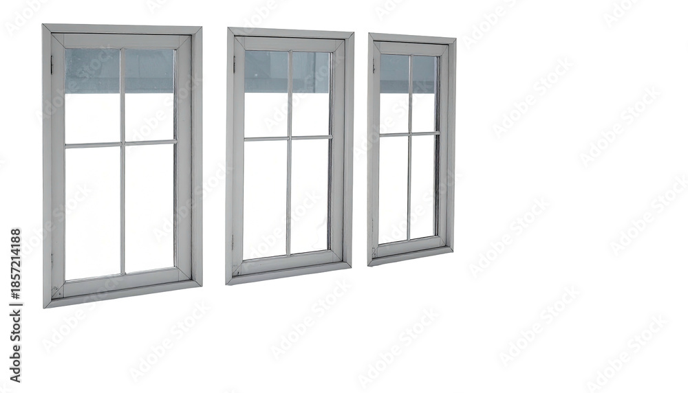 Obraz premium Three adjacent, white-framed windows against a black backdrop