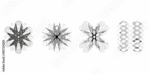A series of abstract grayscale floral or star like patterns in progression