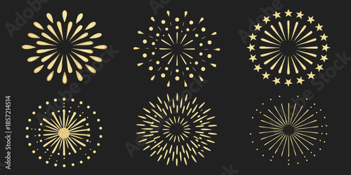 Golden firework displays a collection of radiant starburst patterns on black