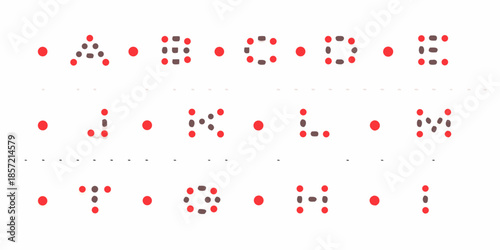 Red dot patterns illustrating the braille alphabet from a to i and j to o
