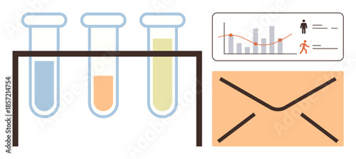 Test tubes with colored solutions, health data chart, orange envelope. Ideal for health report, lab testing, communication, diagnostics, data sharing research healthcare policy. Simple flat