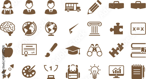 Comprehensive set of brown solid icons for education and school including graduation cap books lightbulb brain globe and university symbols for academic learning and teaching design.