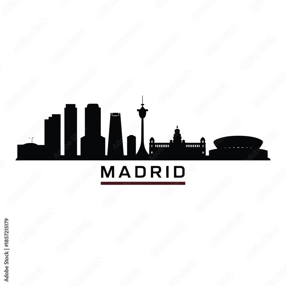 Fototapeta premium Madrid skyline silhouette featuring iconic buildings and the city s name