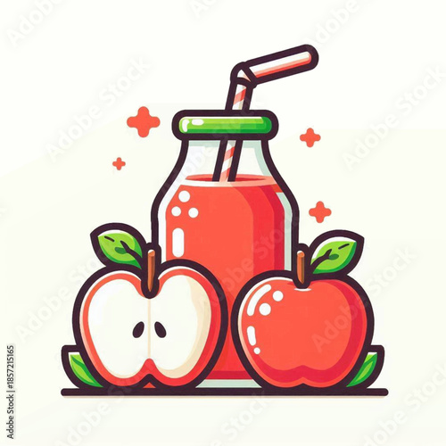 Apple Juice Bottle with Apples and Straw.