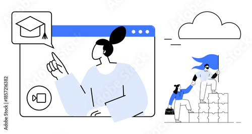 Online learning, teamwork, career growth, digital collaboration, cloud technology, virtual communication. Person clicking graduation cap icon and helping others climb blocks. Online learning