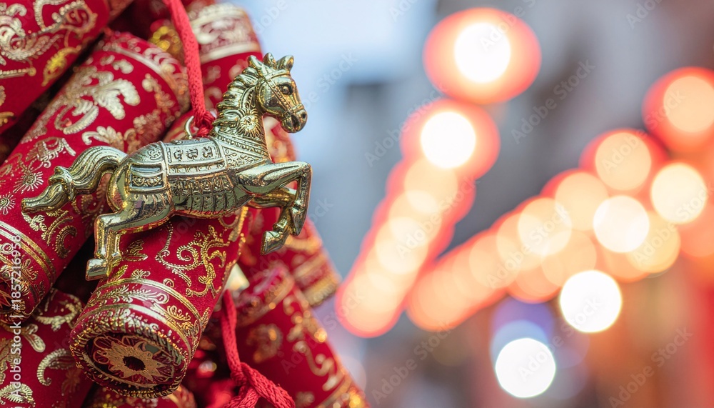 Fototapeta premium Firecracker decorations stacked with horse zodiac charm tied with red string