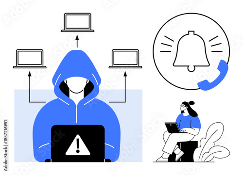 Cybersecurity concept. Cybersecurity with hacker imagery, alert notifications, and a remote work scenario. Cybersecurity addressing online threats and safe data exchange. For IT, communication