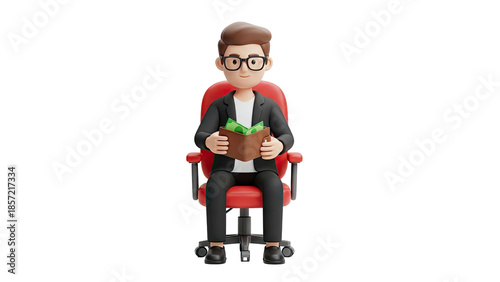 Businessman holding a wallet full of money while sitting in a chair on transparent background