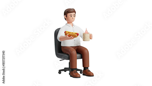 Cartoon Man Sitting in Office Chair Eating Hot Dog and Holding Coffee on transparent background