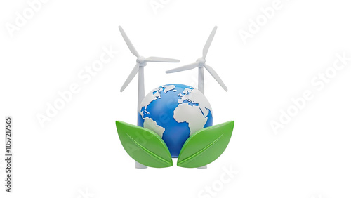 Earth with wind turbines and green leaves, representing clean energy on transparent background