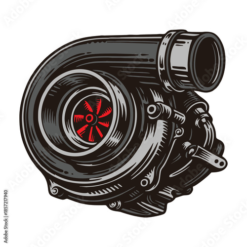 High performance automotive turbocharger illustration in a classic woodcut style.