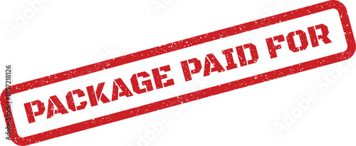 Textured red rubber stamp impression showing PACKAGE PAID FOR for final confirmation of payment status