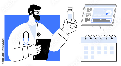 Healthcare, telemedicine, medical scheduling, pharmaceutical services, online consultation, treatment planning. Doctor holding a medicine bottle with tablet, calendar, and digital interface