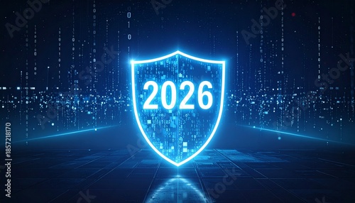 A vibrant blue neon shield with the year 2026 glows powerfully on a dark, digitally textured background, representing robust cybersecurity.