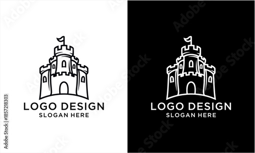 Minimalist Castle Logo Design with Flag on Turret.