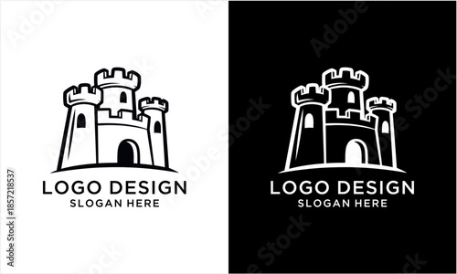 Minimalist Castle Logo Design with Towers and Arched Entrance.