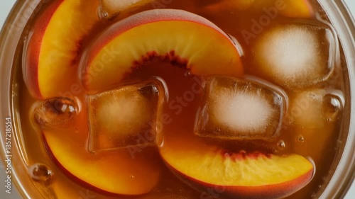 Refreshing peach iced tea with sliced peaches and ice cubes in a glass.