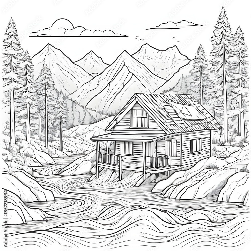 Naklejka premium Coloring page line art of a wooden cabin house in the mountains