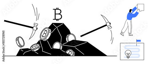 Cryptocurrency mining. Cryptocurrency coins mined with pickaxes as part of a blockchain network. Cryptocurrency links finance, technology, and digital innovation. For fintech, cryptocurrency