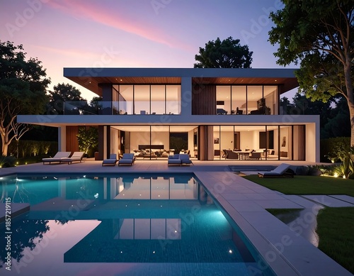 Wallpaper Mural Modern luxury house with a swimming pool at sunset Torontodigital.ca