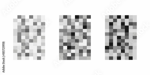 Three grayscale images with a pixelated abstract and textured appearance