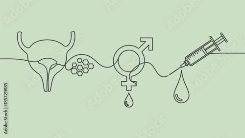 Continuous line illustration of reproductive health, fertility treatment, and gender symbols