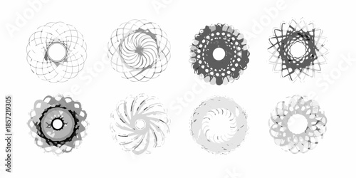 Eight grayscale circular designs showcasing varying levels of density and complexity