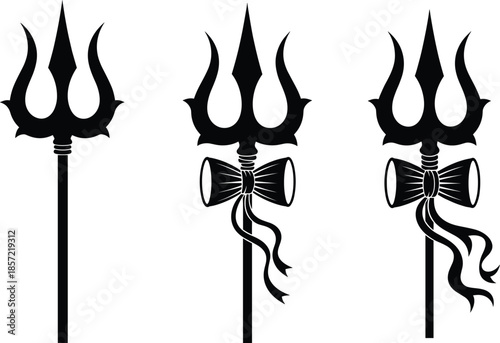 Black trident symbol set vector illustration representing Hindu religion Shiva trishul icons isolated on white background