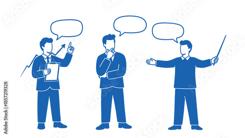 Three businessmen in different poses representing presentation, idea generation, and strategic thinking