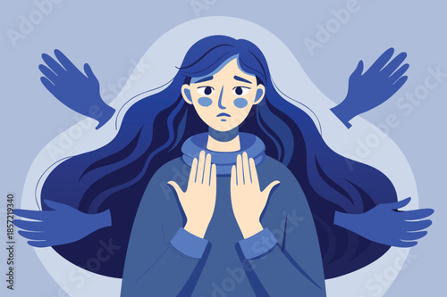 Feeling overwhelmed? Woman surrounded by hands illustrates anxiety, stress, and emotional pressure that resonates with viewers searching for mental health support