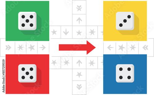 Colorful board game layout with dice, arrows, and movement directions, abstract tabletop game concept vector illustration