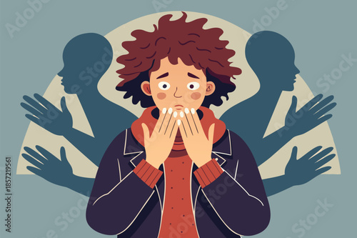 Overwhelmed young person feeling anxious with hands to face, struggling with mental health and stress in modern, clean design for wellness campaigns