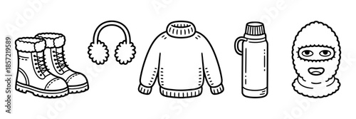Winter clothing and accessories icon set in minimalist line art style for outdoor activities
