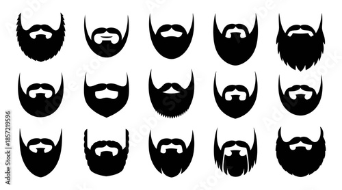 Collection of beard and mustache silhouettes in various styles. Fifteen unique facial hair set
