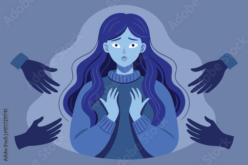 Vulnerable woman feeling trapped and threatened with hands reaching out, a powerful visual for mental health, abuse, and emotional distress awareness campaigns