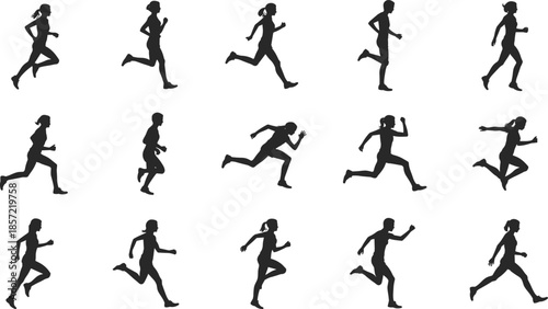 Collection of sixteen dynamic black runner silhouettes illustrating athletic motion, biomechanics, and sports training for fitness, animation, and education
