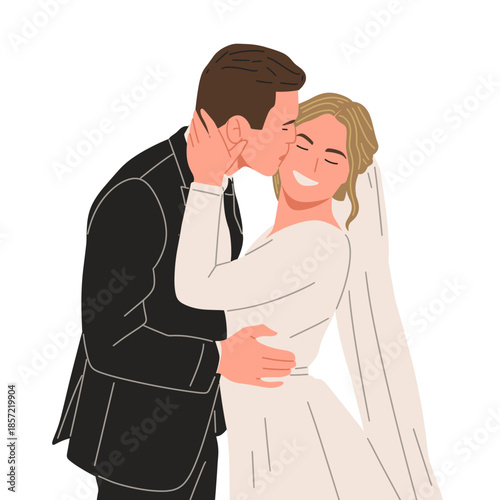 Flat vector illustration of newlywed couples wearing elegant wedding dresses and suits. Concept of marriage, wedding ceremony, romance, love story, engagement, celebration, and happy couple moment