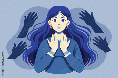 Worried young woman feeling threatened with anxiety and fear, surrounded by hands reaching out, expressing social pressure, vulnerability, and stress