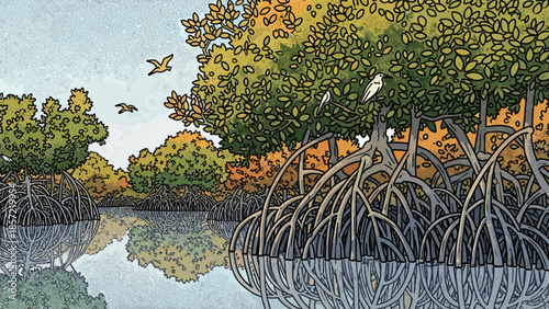 Serene mangrove forest with birds in their natural habitat at sunset, Generative AI.