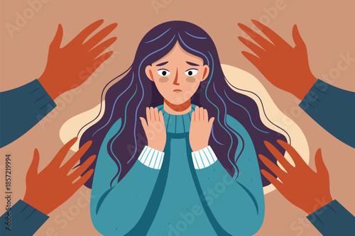 Isolated young woman surrounded by reaching hands conveying pressure, anxiety, and fear of judgment in a world demanding constant perfection