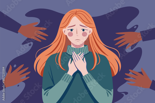 Worried woman feeling vulnerable and threatened, seeking comfort and support in a challenging situation with many hands reaching out, needing help