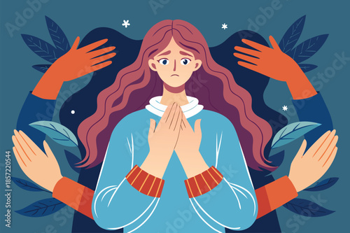 Worried woman overwhelmed by surrounding hands, needing support and help, feeling anxious and stressed amidst challenges and pressures in life