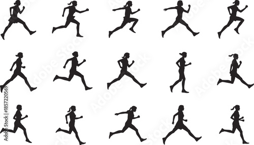 Sequence of fifteen dynamic black runner silhouettes illustrating athletic motion, biomechanics, and sports training for fitness and animation design
