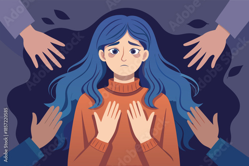 Worried young woman surrounded by reaching hands needing safety and support, feeling anxious and stressed about mental health and harassment in dark times