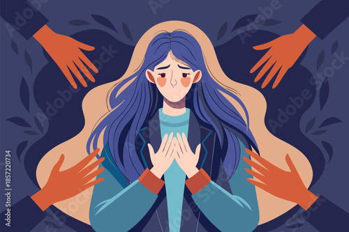 Upset young woman seeking support as hands reach out to her, a visual representation of mental health awareness and the importance of community support