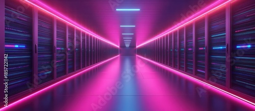 Neon-lit server room; data center corridor; futuristic tech background; website banner