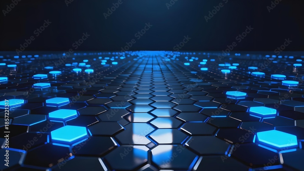 Fototapeta premium A futuristic hexagonal grid with glowing blue panels extending into the distance under a dark ambiance.